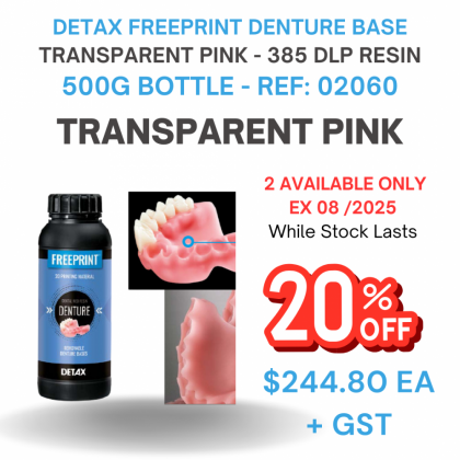 Detax Freeprint DENTURE Base Pink 385 DLP 3D Printing Resin - 500g - TRANSPARENT PINK - SPECIAL OFFER - SHORT DATE EX 08/25 - WHILE STOCK LASTS