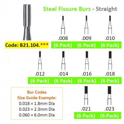 Edenta Steel Fissure Burs, Straight, Pack 6 - Options Available